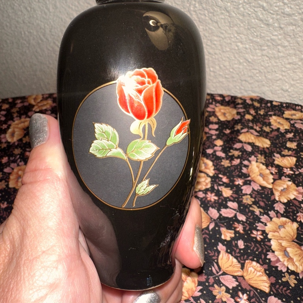 Otagiri Black Vase with Red Rose Motif